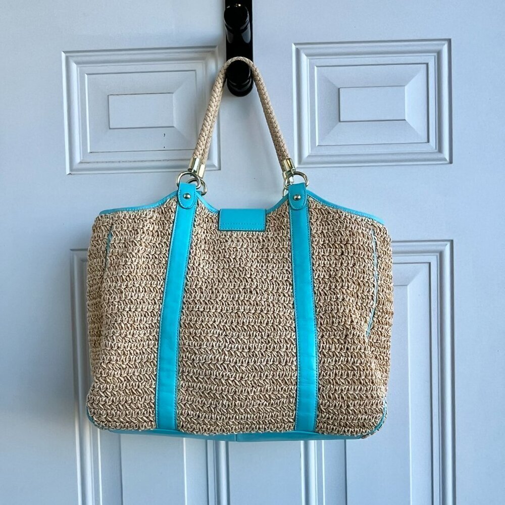Talbots Large Woven Paper Straw Tote Bag Turquoise Blue Leather Trim Gold - Picture 7 of 12